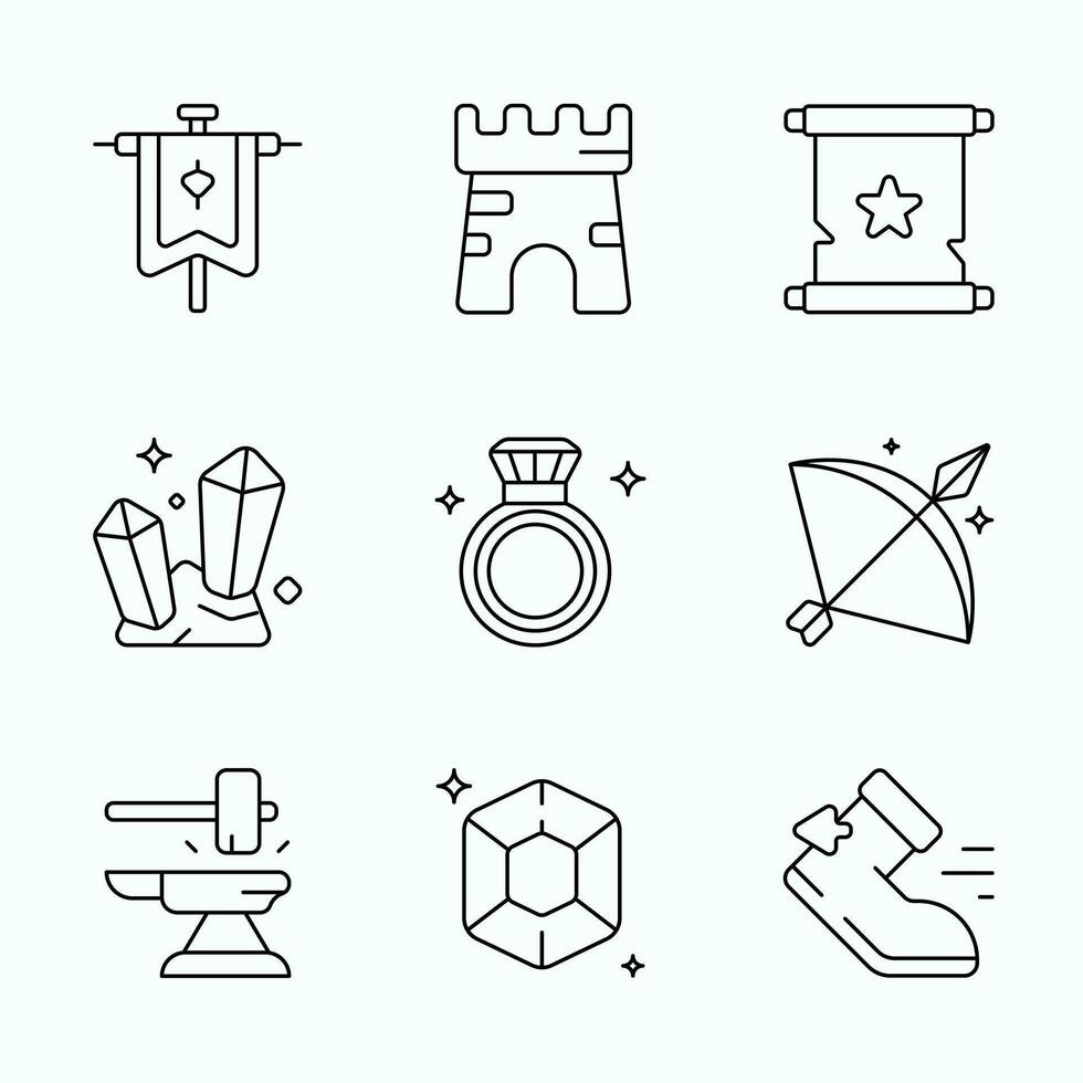 RPG icon pack Outline Style featuring banners, castle walls, magic scrolls, crystals, rings, archery items, crafting tools, and gems for fantasy game interfaces vector