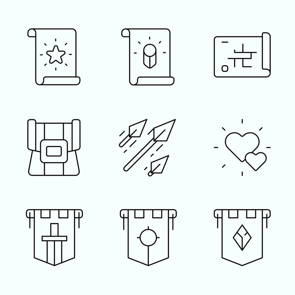 A outline RPG icon set featuring Character Classes and Reward Icons, and Extra Life, Inventory and Skill Arrow for fantasy game interface vector