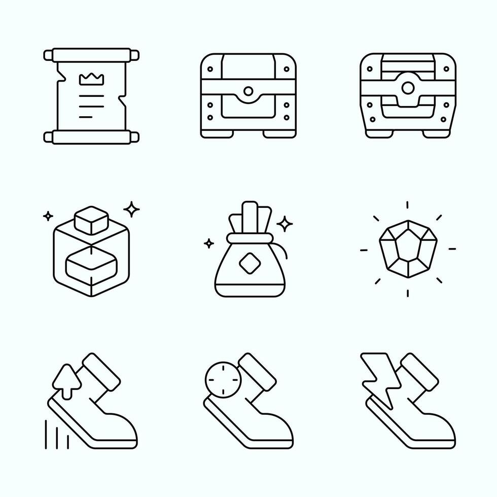 Outline Minimal Modern RPG icons featuring treasure chests, scrolls, gems, money bags, magic potions, and various speed boost shoes ideal for in-game UI and inventory elements vector
