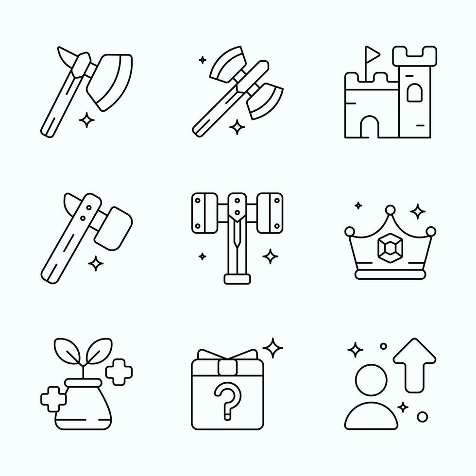 Outline Style RPG icon collection featuring battle axes, fantasy hammers, castle, crown, healing potions, and character upgrade symbols for fantasy game interface vector