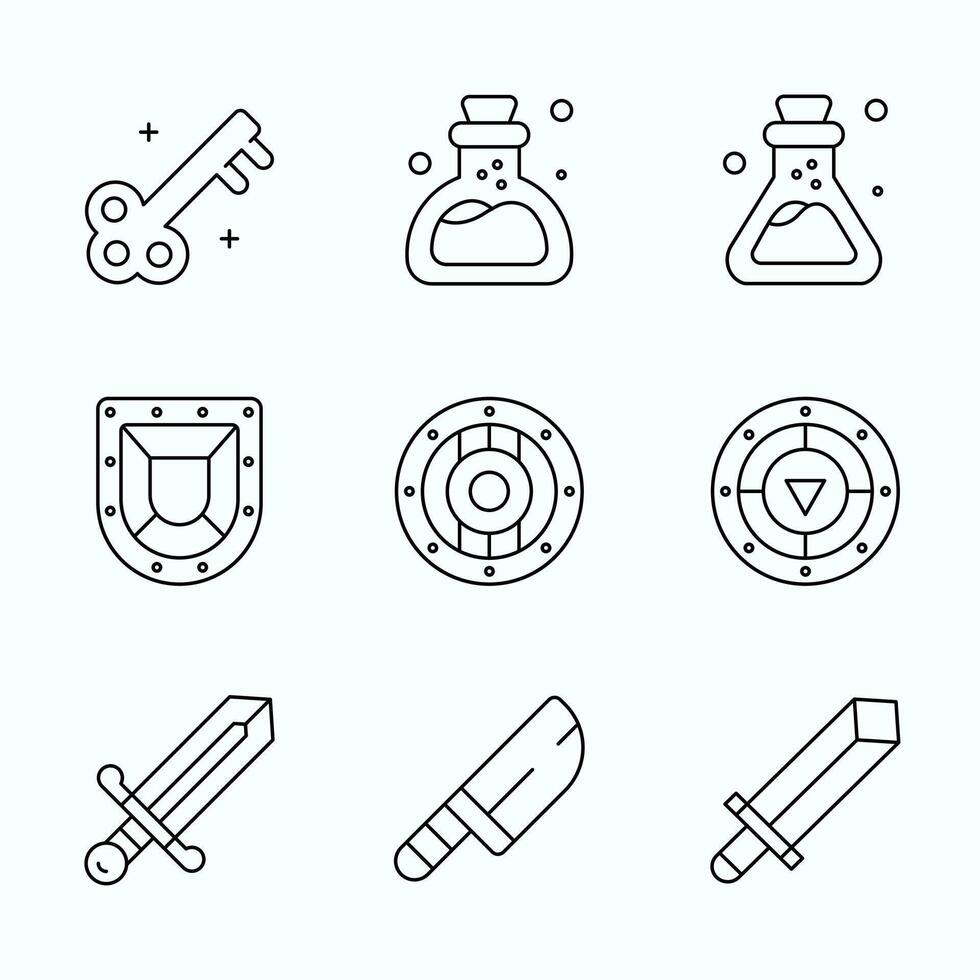 Icon Outline collection featuring fantasy RPG items including swords, potions, keys, and shields. Ideal for adventure game UI and mobile RPG interfaces vector