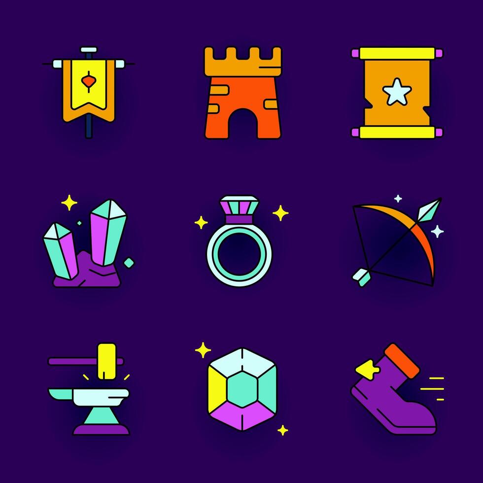 Fantasy game icons in various colors vector