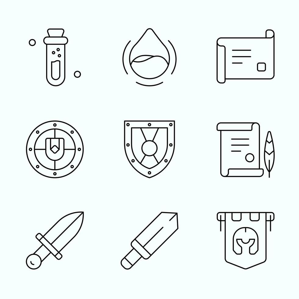Outline Icon set of RPG icons featuring scrolls, swords, shields, potions, and banners. Perfect for fantasy adventure game UI, inventory, or quest design vector