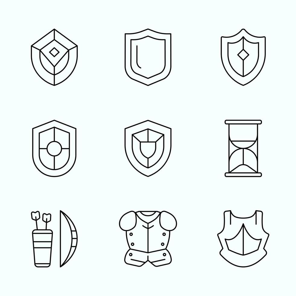 Outline Style RPG icons showcasing shields, armor, arrows, and hourglass timers. Perfect for role playing games, UI elements, and fantasy inventory design vector