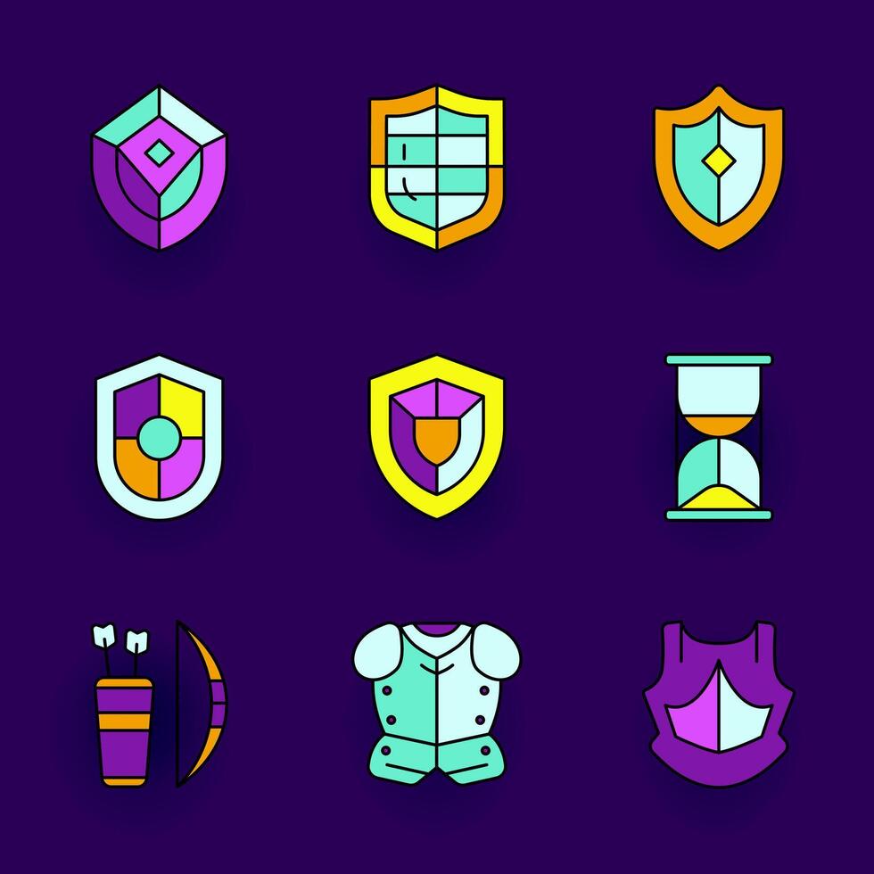 Colorful icons of shields and armor vector