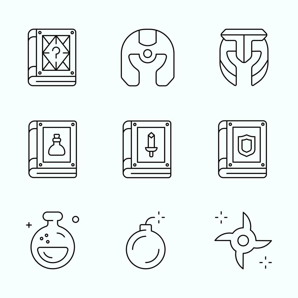 Outline Style Minimal collection of RPG themed icons including spellbooks, helmets, potions, weapons, and magical items, Ideal for game UI or mobile app elements vector