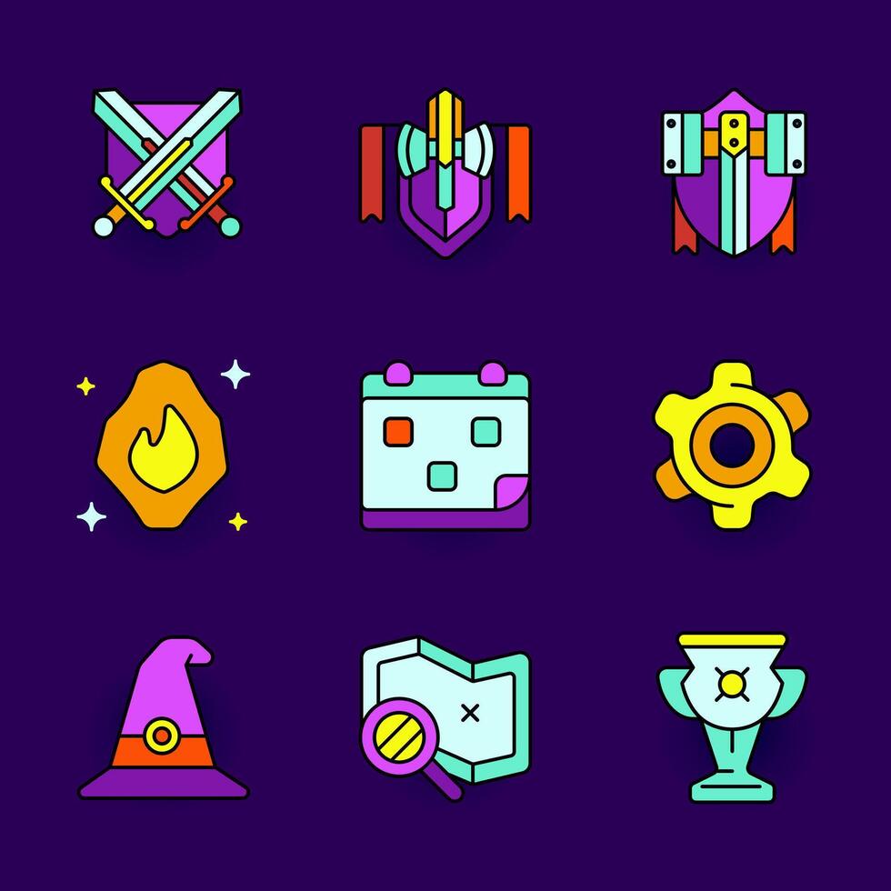 Colorful gaming icons on purple background vector