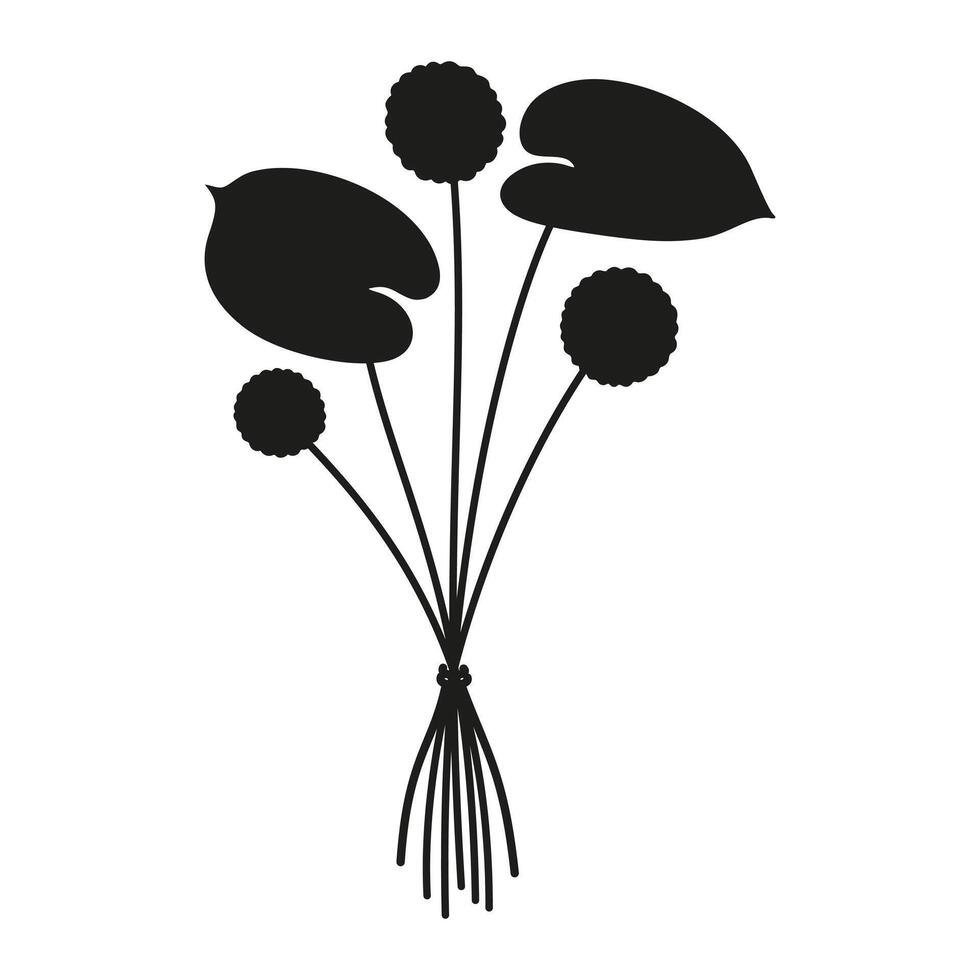 Summer delicate floral bouquet, silhouette in black color. Bunche of wildflowers tied with ribbons, illustration for design projects vector