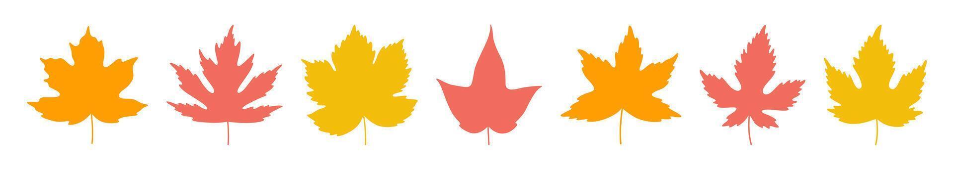 Set of simple autumn yellow, red, orange maple leaves isolated on white background. Silhouette icons of flat leaves, illustration vector
