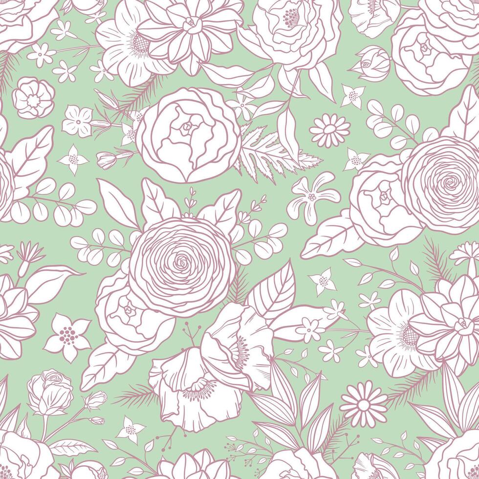 Seamless pattern with different flowers. Hand drawn compositions floral. Boho style. Summer. Floral pattern for textile, packaging, greeting cards, invitations, wedding decoration. Bohemian collection vector