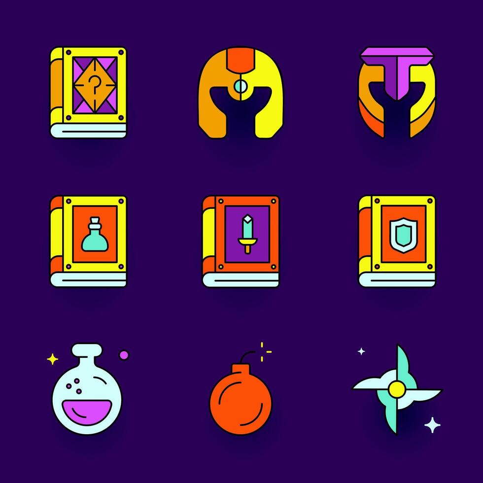 Icons of magical books and potions vector