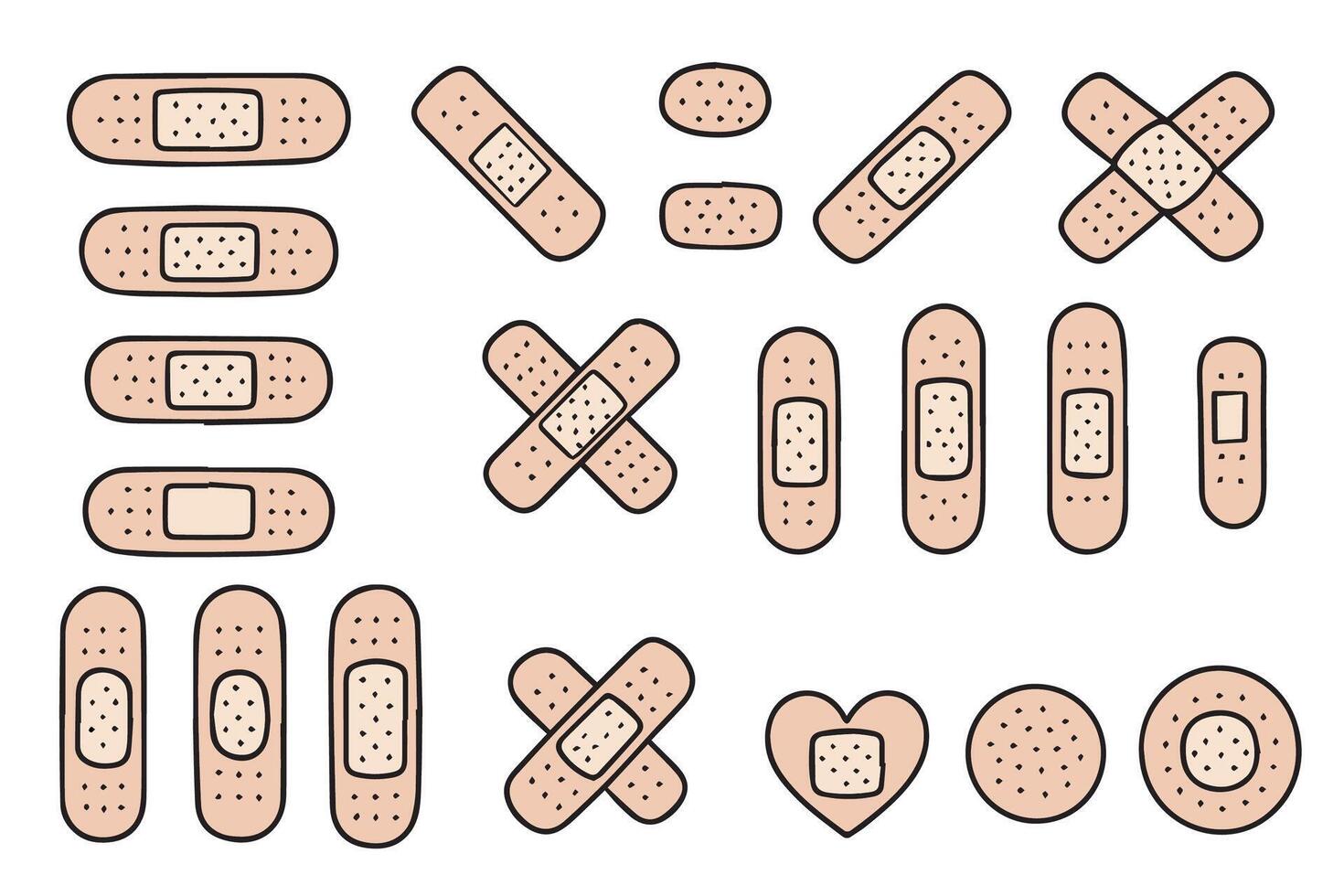 Set of bandage icons in doodle style. Bandage for treating skin cuts, postoperative sutures, skin damage and wounds. color illustration on white background. vector