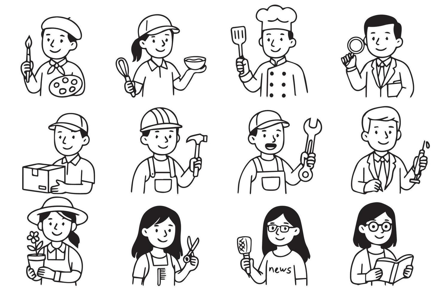 Professions set. Occupation collection, male and female workers in uniform. Isolated illustration in doodle style. illustration vector