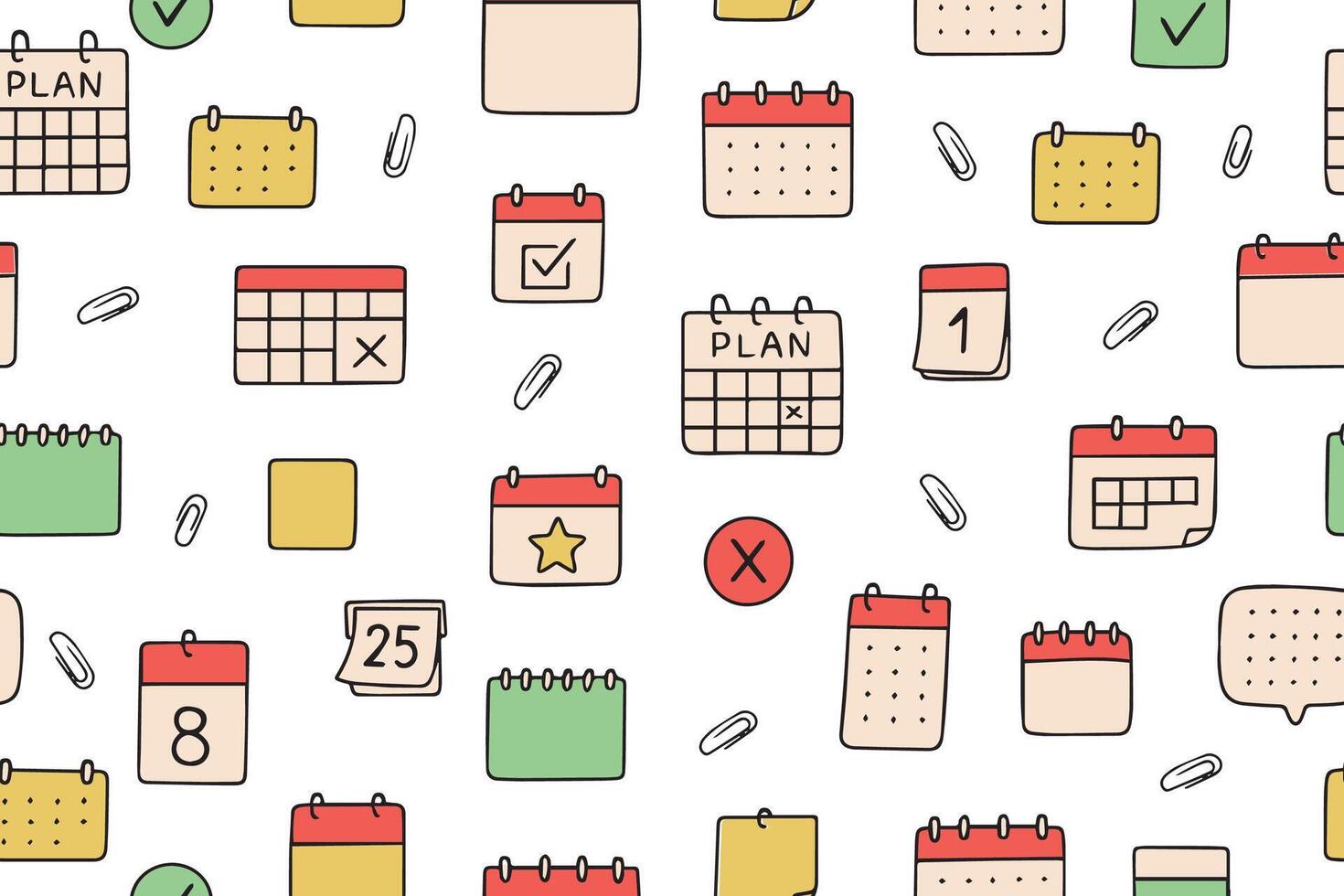 Trendy colorful Seamless pattern of calendar planner icons. Colored Reminder event signs on white background. . vector