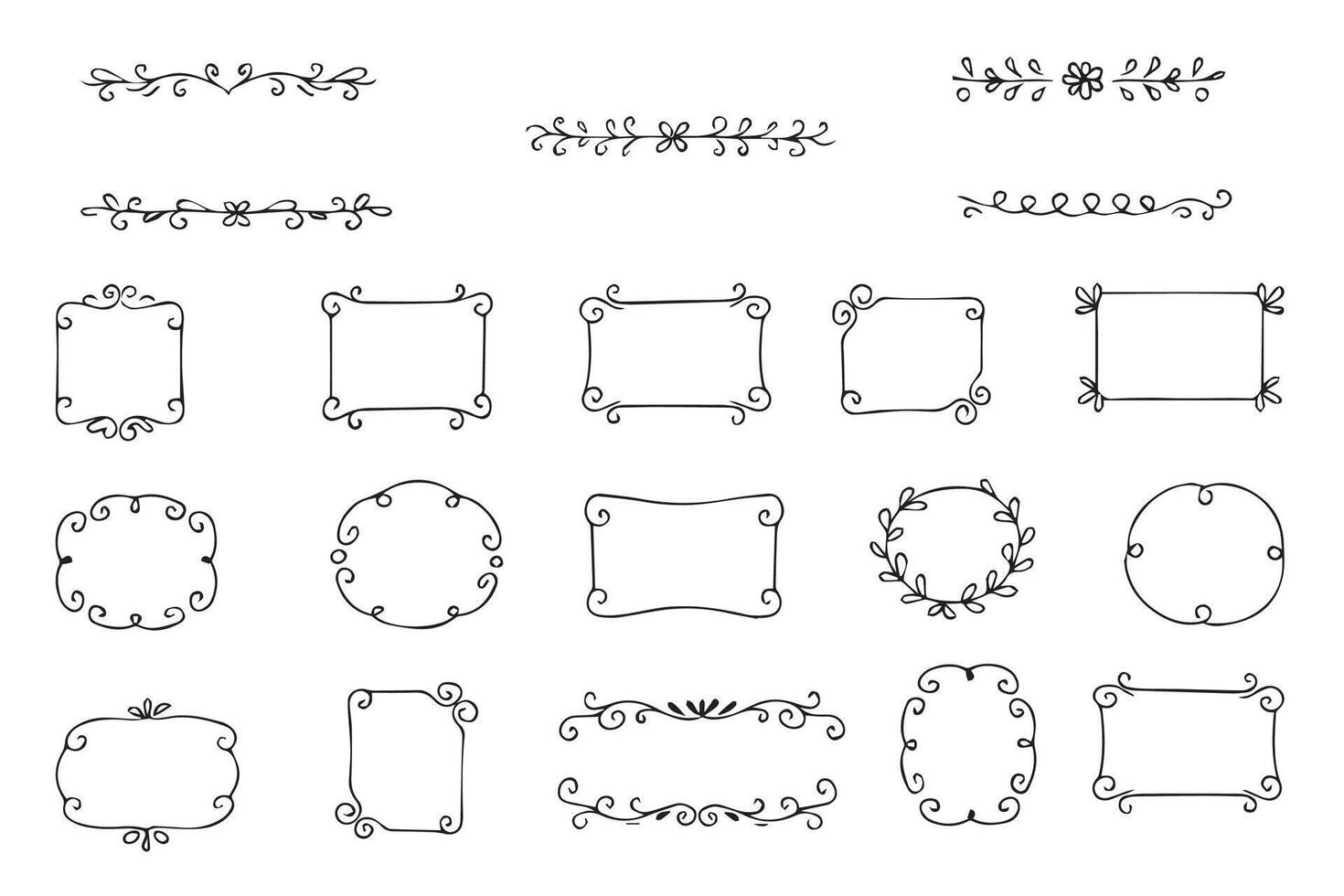Elegant set of hand-drawn decorative borders and frames in format. Includes various shapes and styles perfect for invitations, cards, or scrapbooking projects. vector