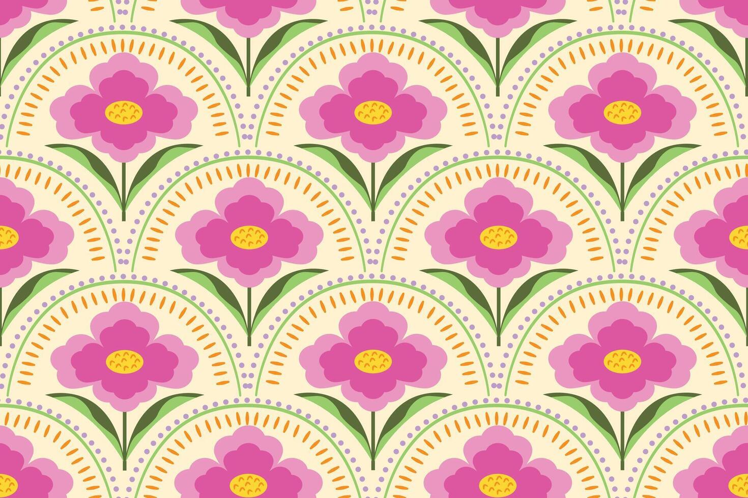Hand drawn flower shape geometric pattern background. Abstract classic repeat seamless floral wallpaper. vector