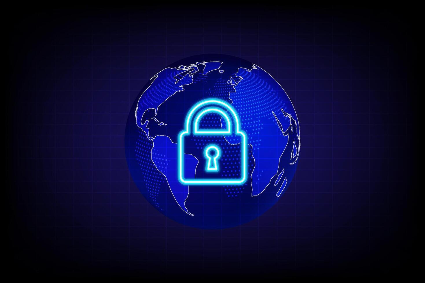 Glowing neon padlock icon over a digital globe, symbolizing cybersecurity, data protection and global network privacy vector
