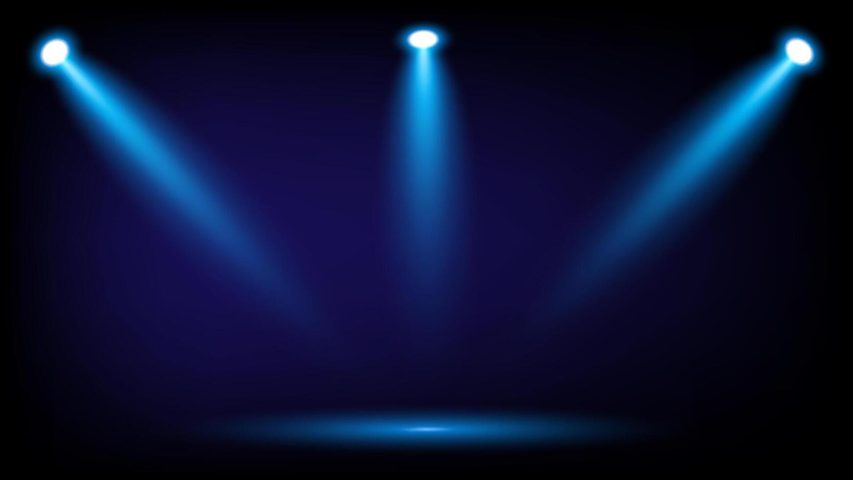 Three blue spotlights separated from top, left and right with shadows on black background, Suitable for use on stage or clip art vector