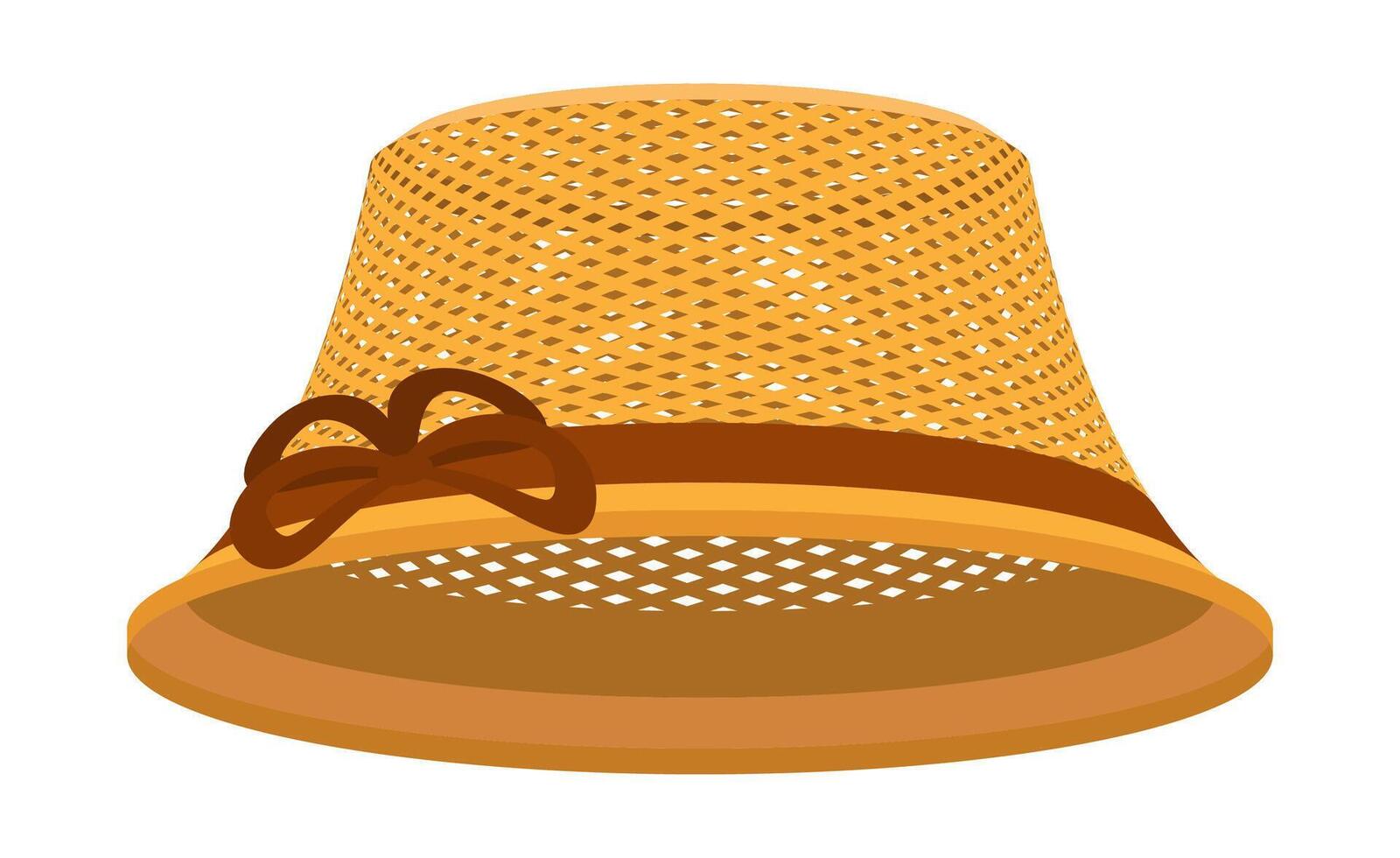 Classic woven summer woman hat to protect head from sun. Headwear made from natural materials. Mesh female panama. Cartoon image isolated on white background vector