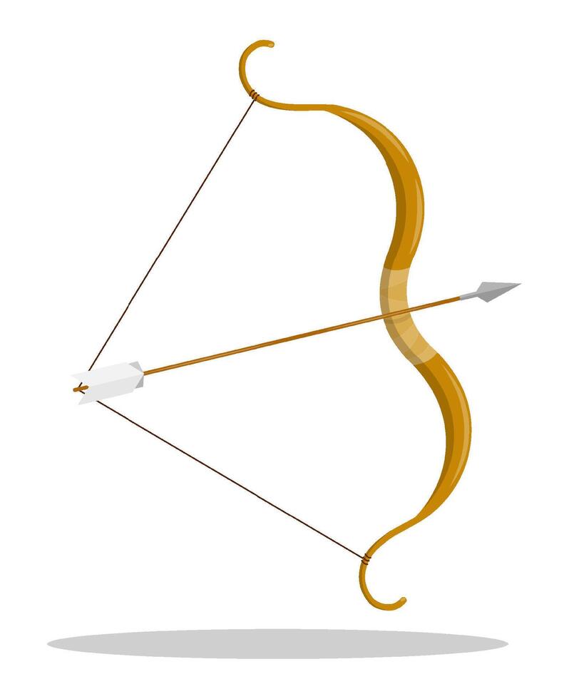 cartoon Hunting bow with strung bowstring and arrow. Archery or hunter tool. Medieval weapon item of ancient warrior. Isolated image on white background vector