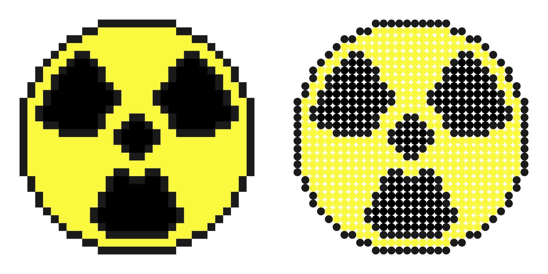 Pixel icon. Radioactive hazard signs on yellow background. Simple retro game image isolated on white background vector