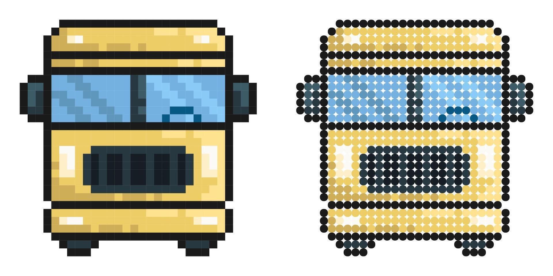 Pixel icon. American school bus. Transport for transporting children to school. Simple retro game image isolated on white background vector