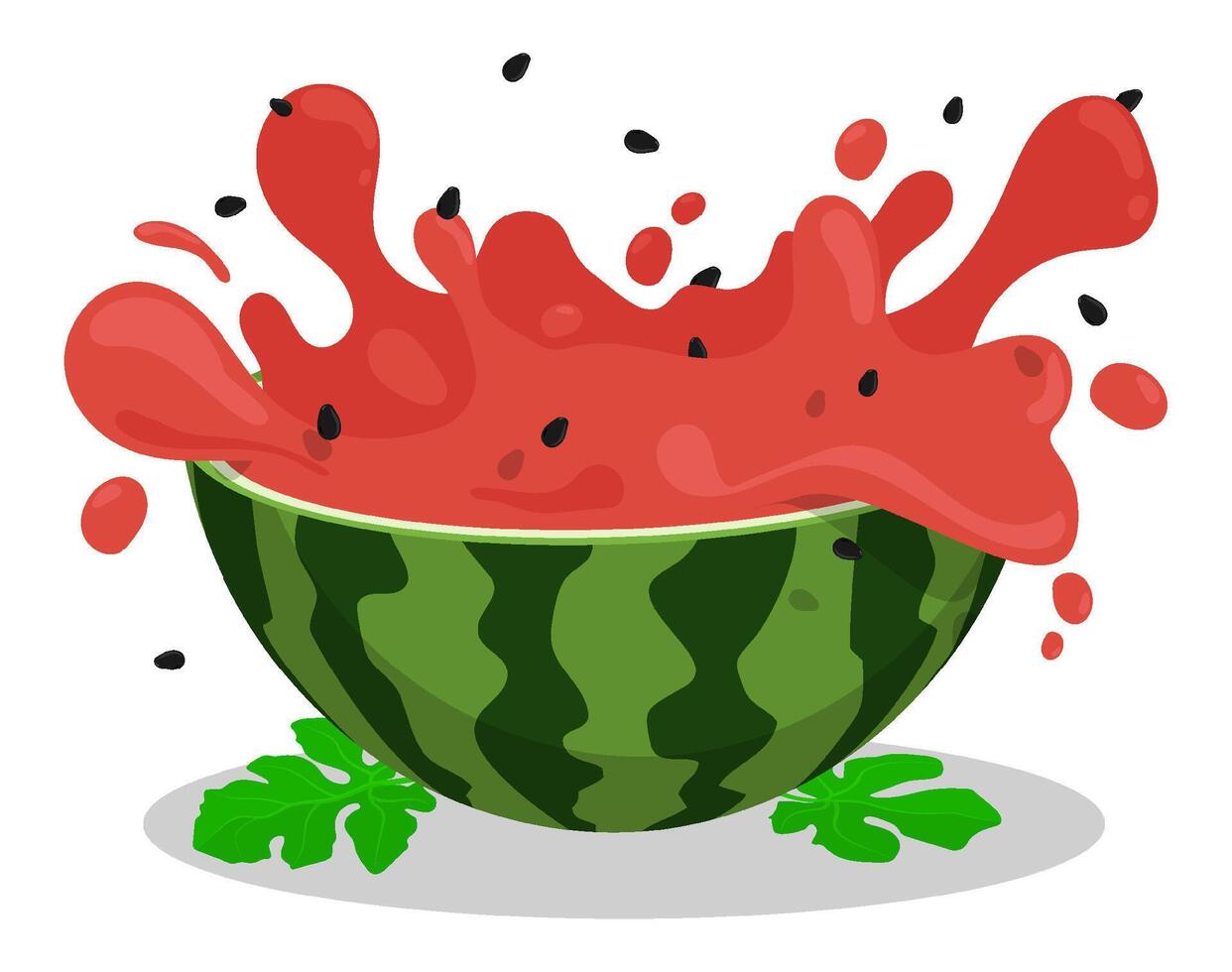 Sliced watermelon with splashes and waves of watermelon pulp and juice. Cartoon realistic image isolated on white background vector