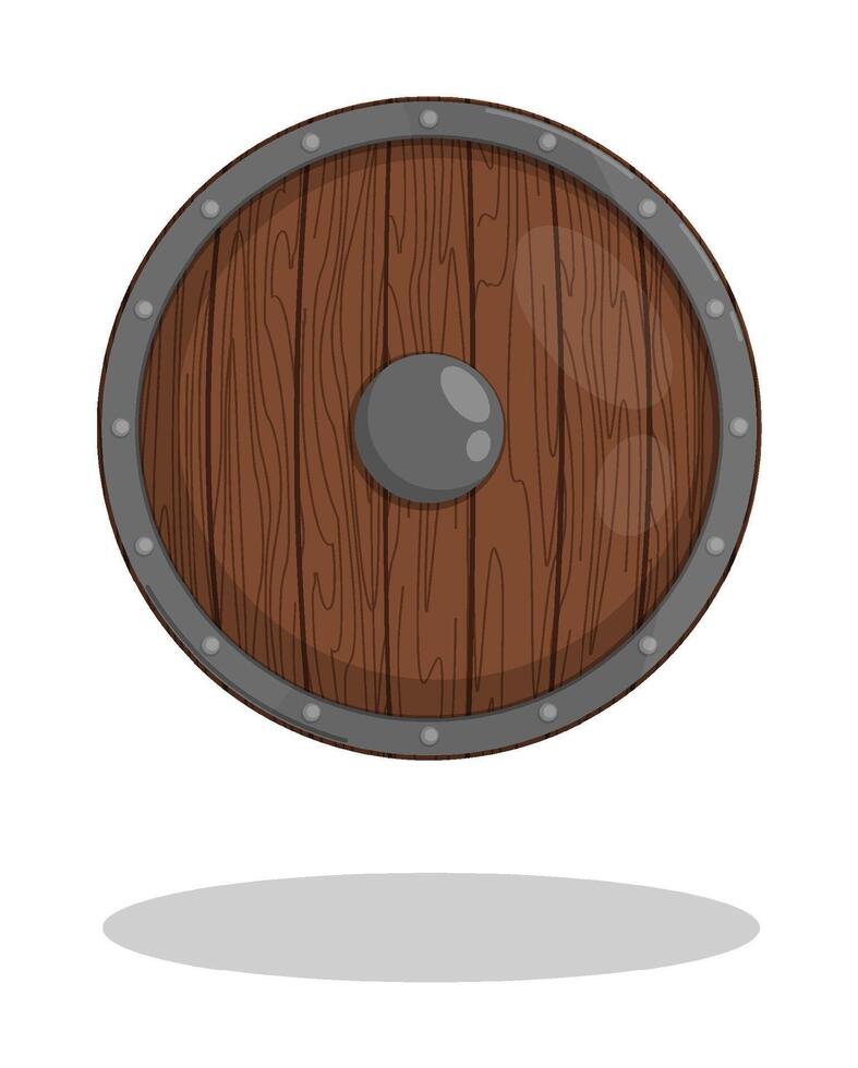 Round Scandinavian shield made of wood, reinforced with iron inserts on rivets. Element of protection of ancient viking. Cartoon isolated on white background vector