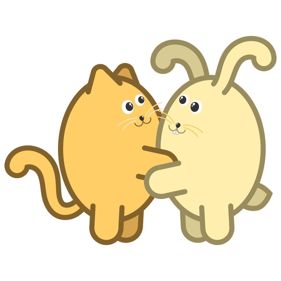Small fluffy kitten and rabbit with long ears hug each other. Symbols of 2023. Cartoon image isolated on white background vector