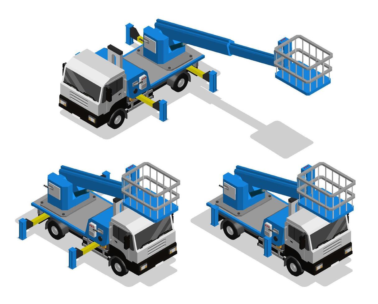 Isometric machine with telescopic boom for lifting workers in basket to height. Transport for high altitude work. Realistic 3D image isolated on white background vector