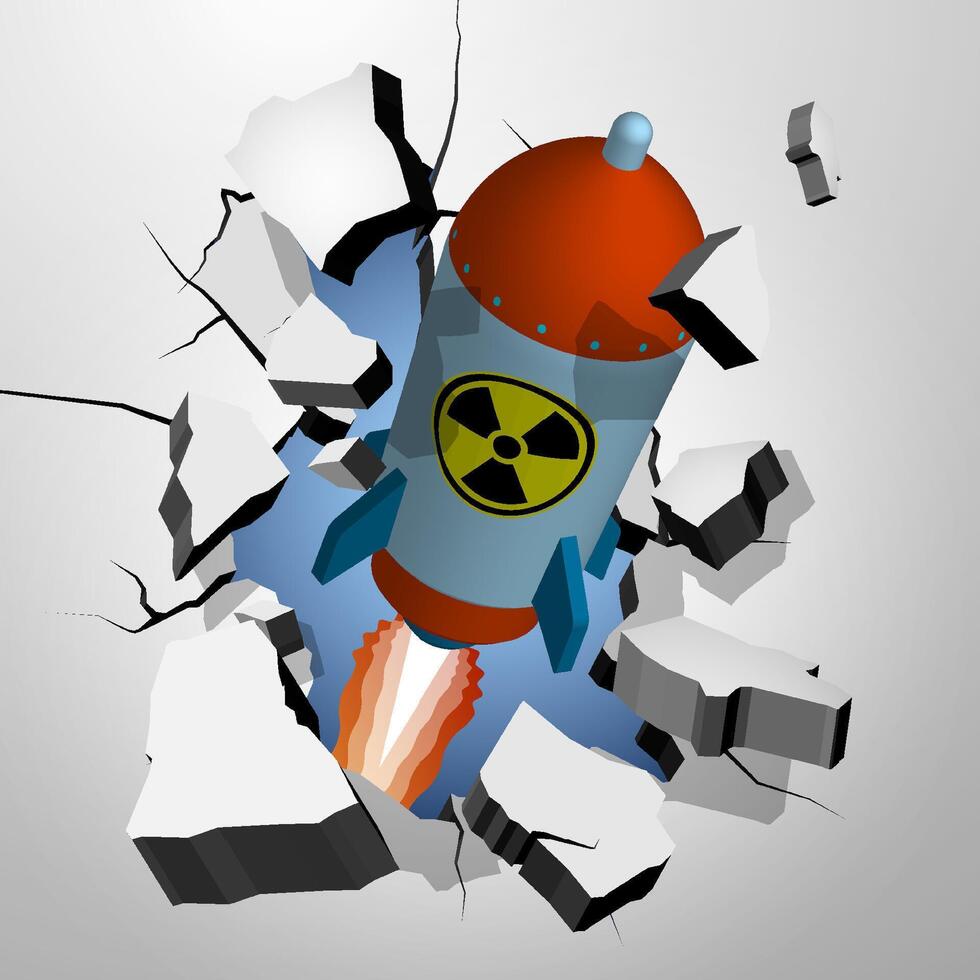 flying combat atomic rocket punched through the wall and breaks into shards, cracks on wall. Attacking a target with military weapon. vector