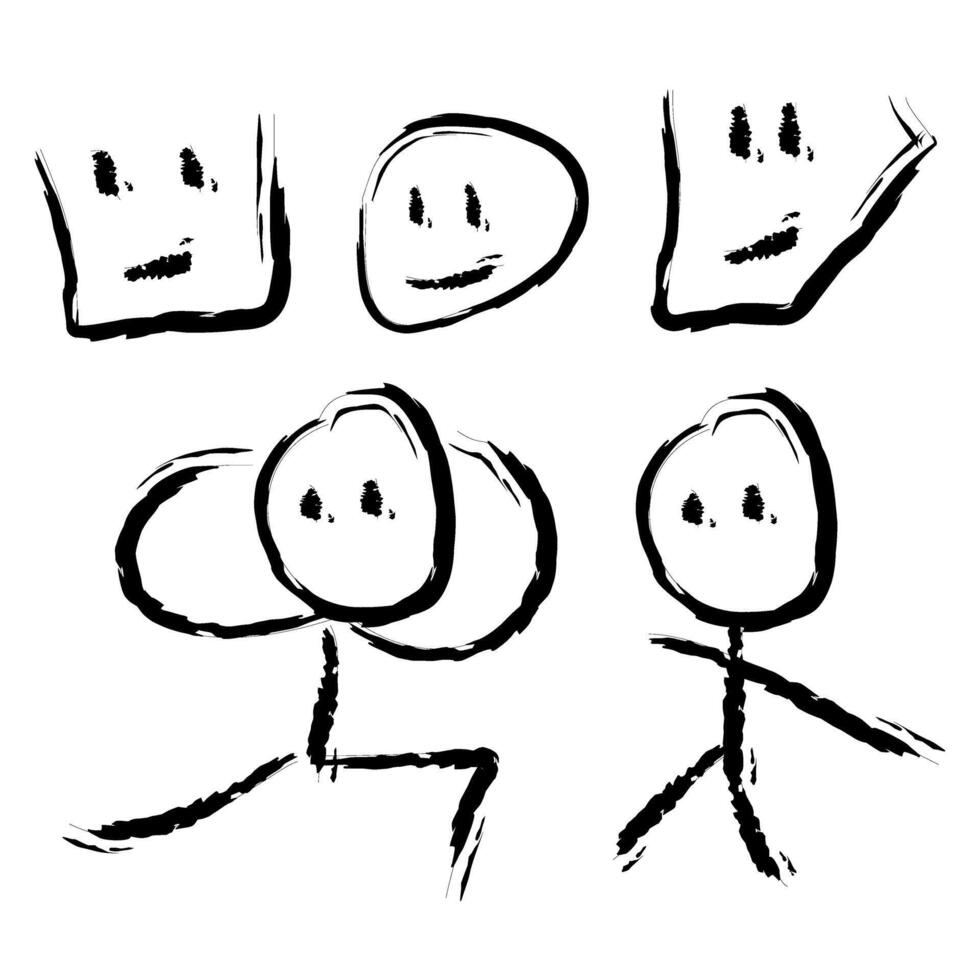 Simple Brushstroke Stick Figure with Different Head Shapes Illustration vector