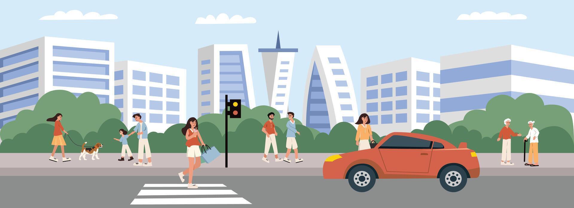 City street with pedestrians and car vector
