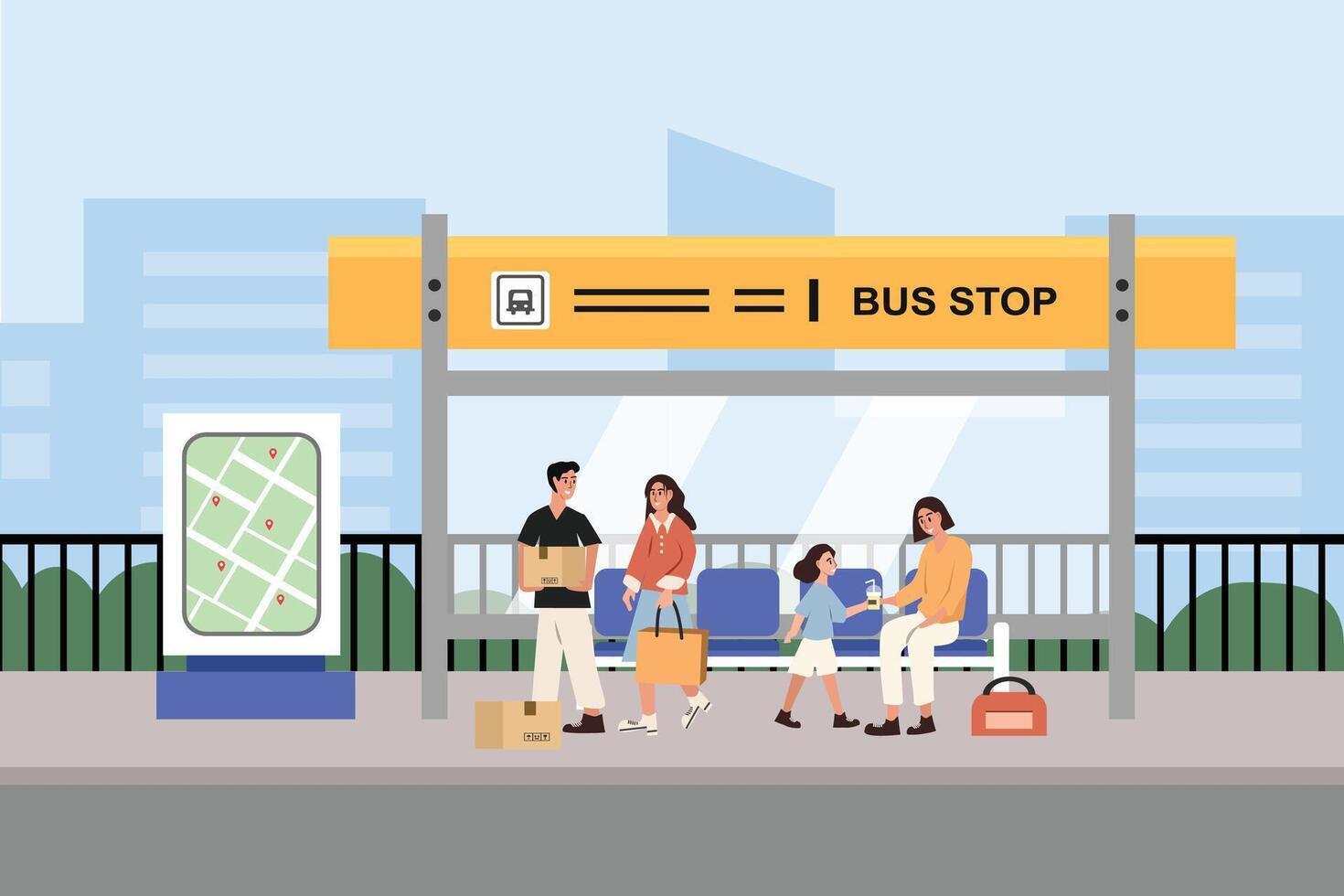 Family at a colorful bus stop vector