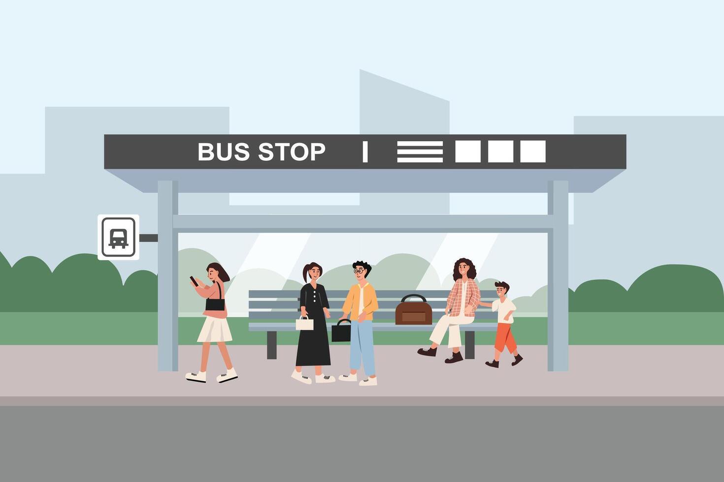 Illustration of a bus stop with people vector