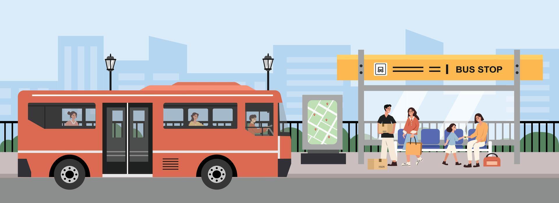 City bus at urban bus stop vector