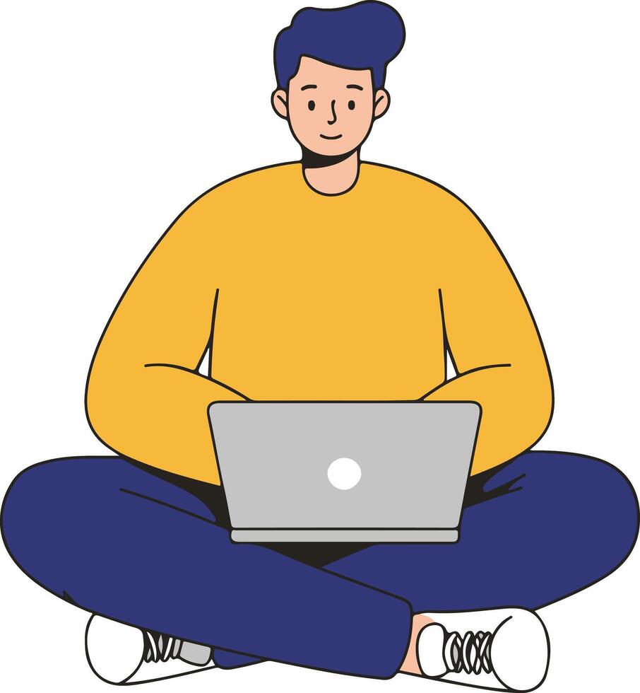 A man sitting on the floor with a laptop vector