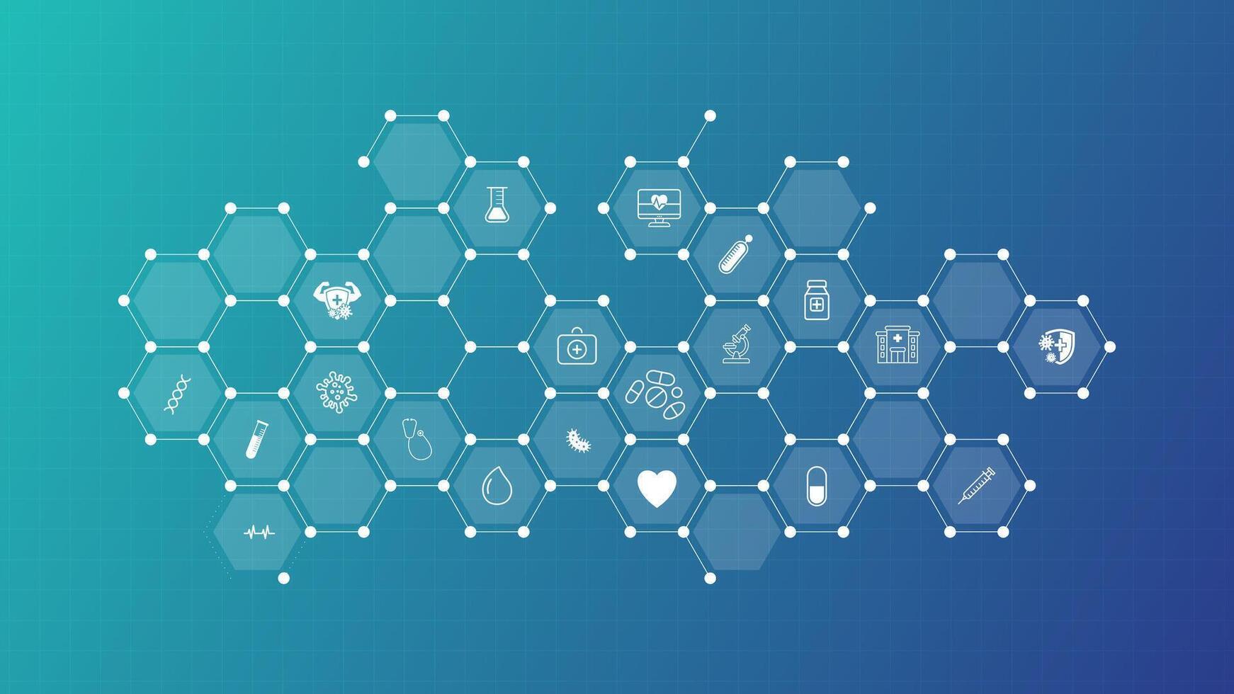 Medical background abstract with healthcare icon in hexagonal network pattern. Medical technology icons in blue hexagonal grid background vector