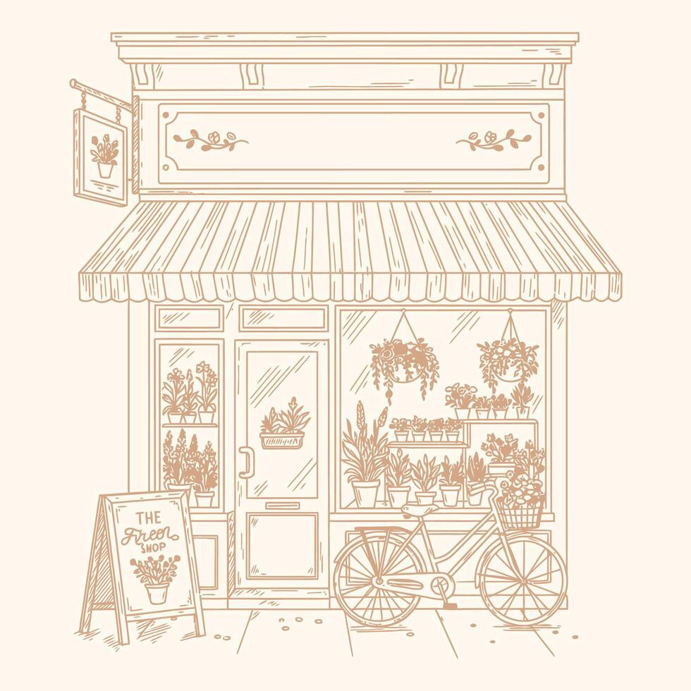 Vintage line drawing of flower shop facade with bicycle and hanging plants, quaint storefront for retail and garden themes vector