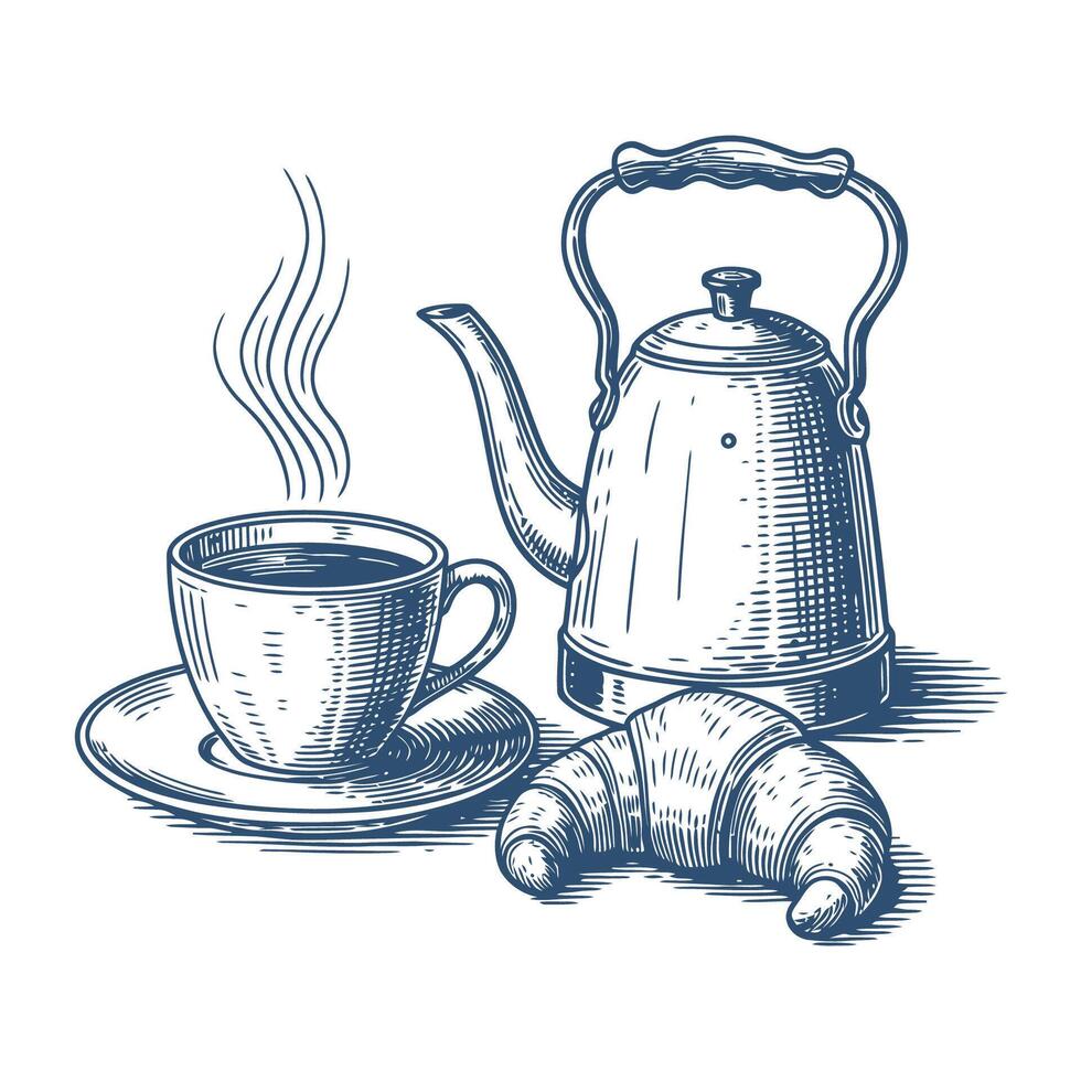 Vintage line drawing of hot beverage setup with coffee cup, teapot, and croissant for cafe and breakfast themes vector