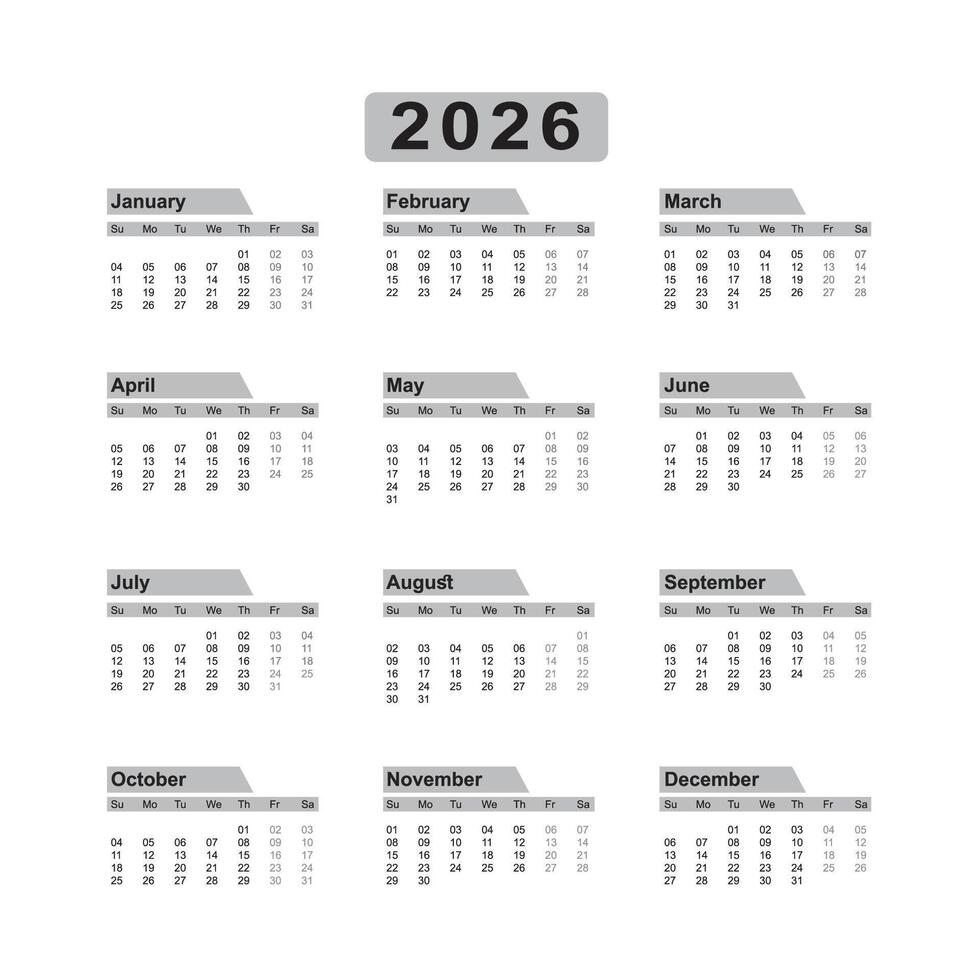 Annual calendar 2026 template. Calendar design in black and white color vector
