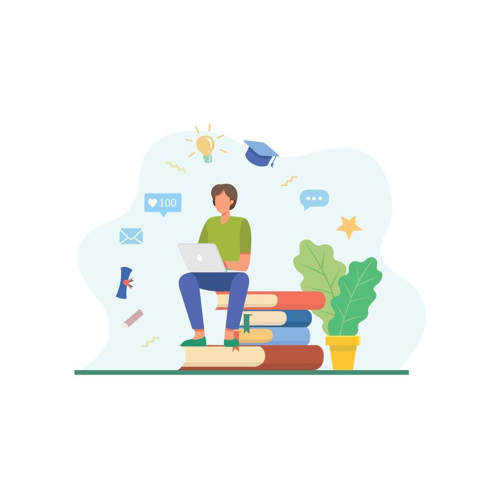 Education flat design illustration. A student is studying on a pile of books intelligently and proudly to pursue his dreams and career vector