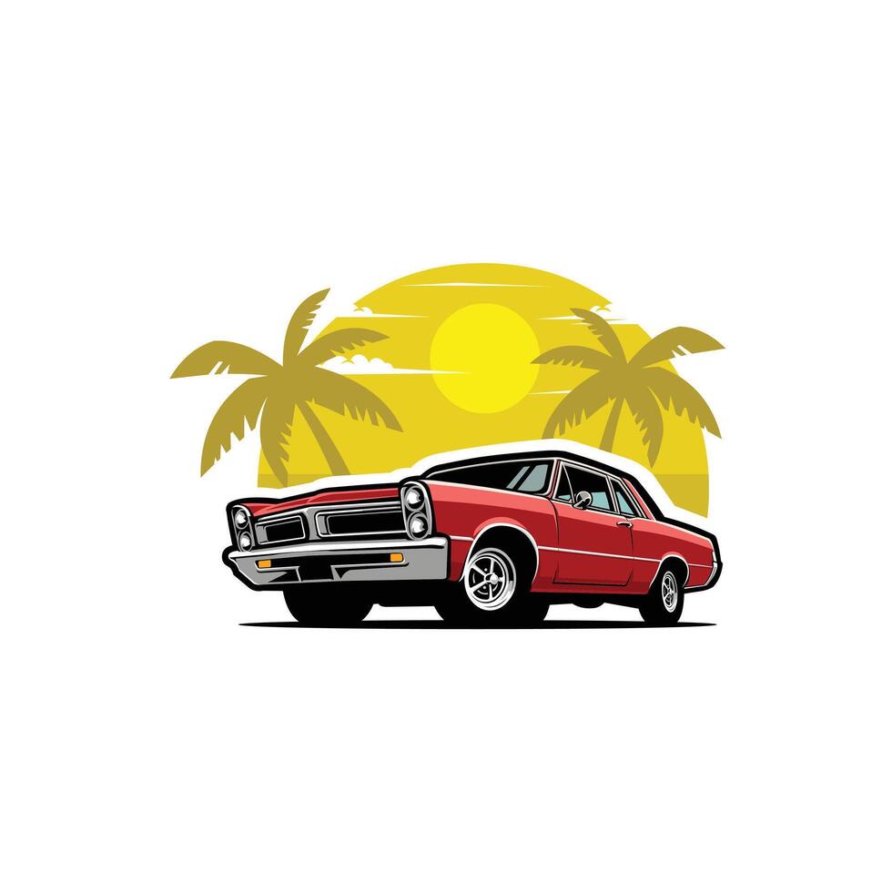 Classic red car with palm trees backdrop vector