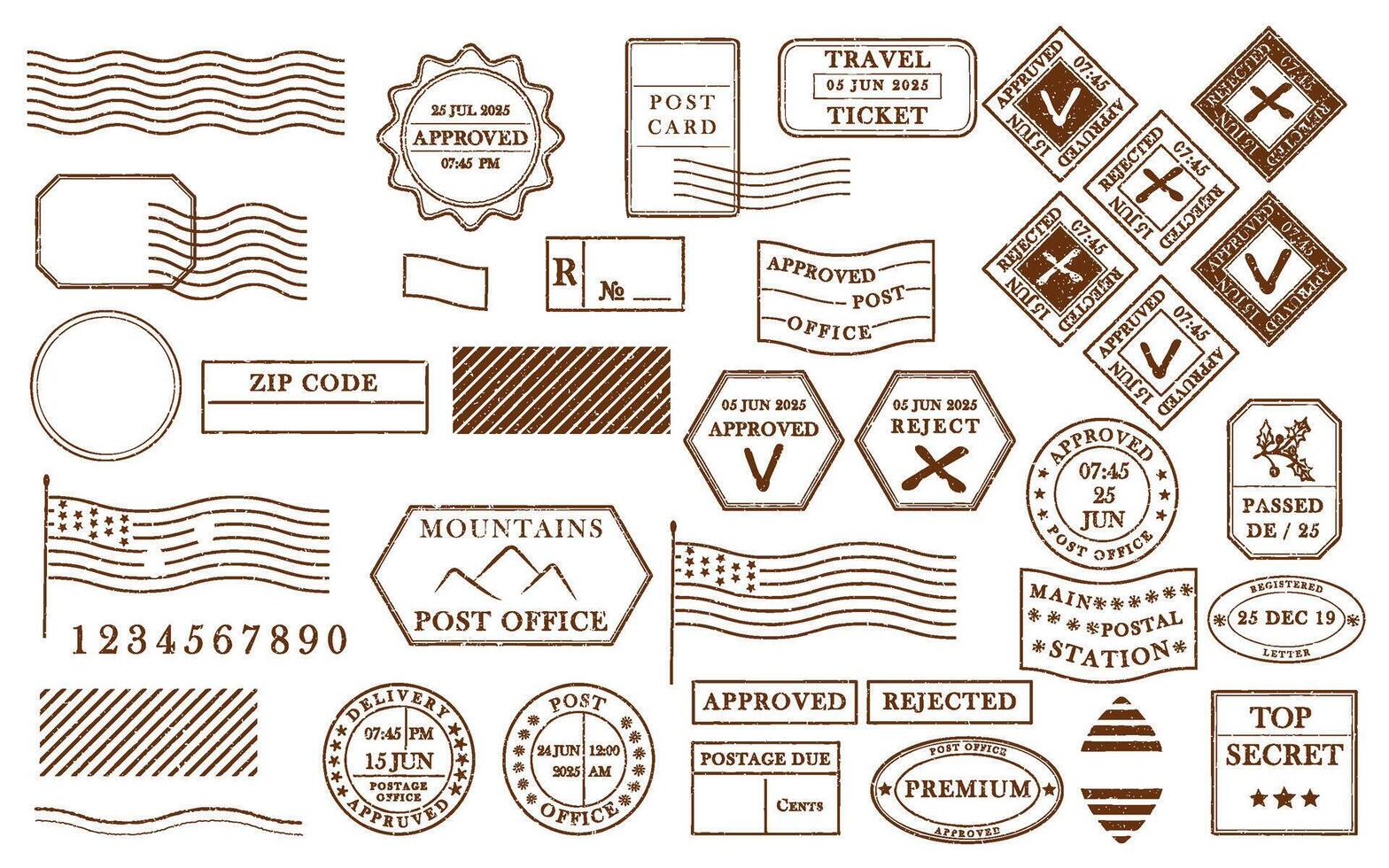 Blank brown postage rubber stamp. Mockup office stamp. Clean post postmark template. Vintage style sticker collection, travel destination mail, tourism, mountain, summer, sun theme illustration vector