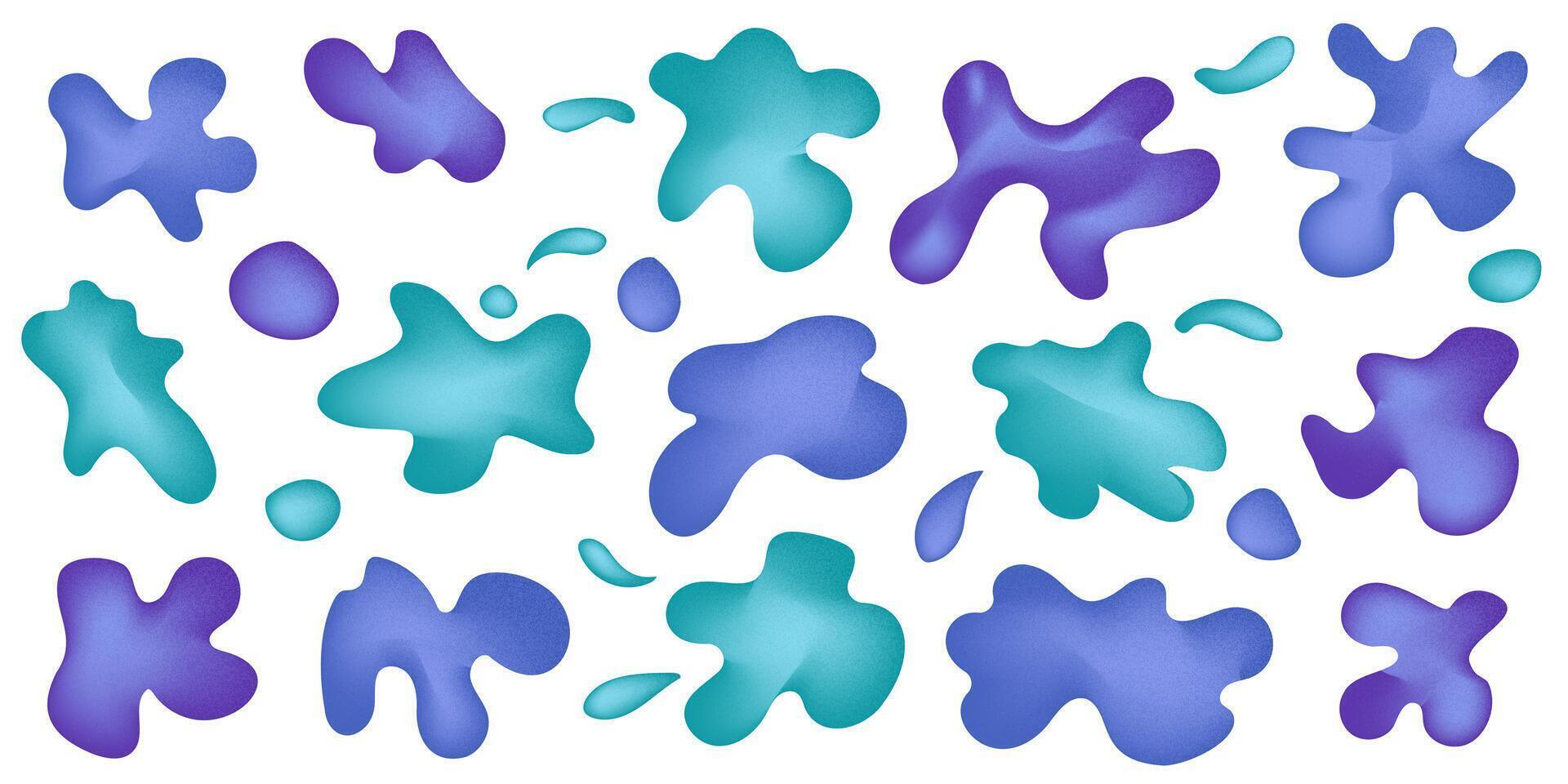 Set of organic irregular mesh blue gradient blob shapes with noise. Random deform water spot fluid circle Isolated on white background. Organic amoeba bright childish elements. illustration. vector