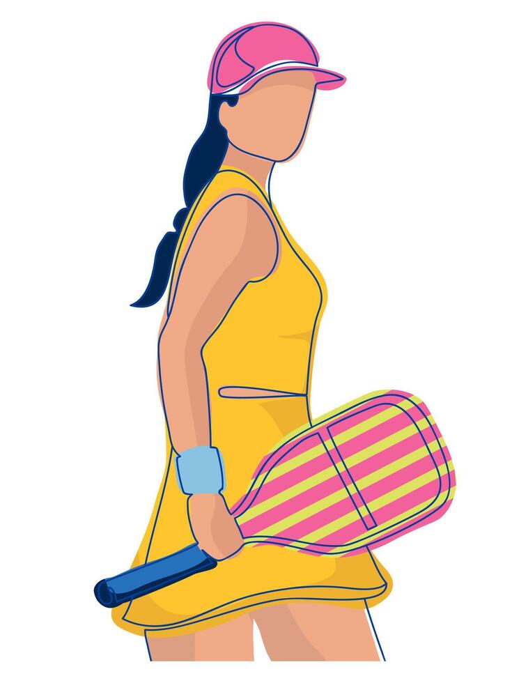 illustration of woman pickleball player in yellow dress holding paddle. Ideal for use in sports-themed posters, articles, promotional materials vector