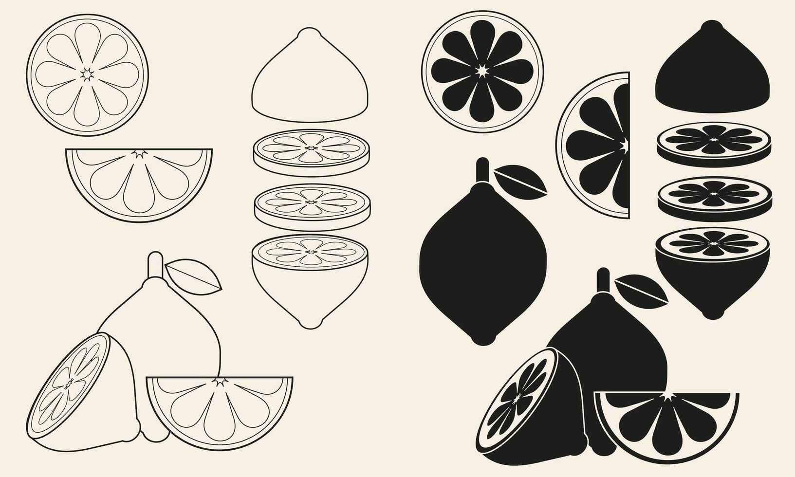 Stylized set of whole and sliced lemons in black fill and outline style. Perfect for food packaging, eco labels, branding, patterns, stickers, and modern culinary illustrations vector