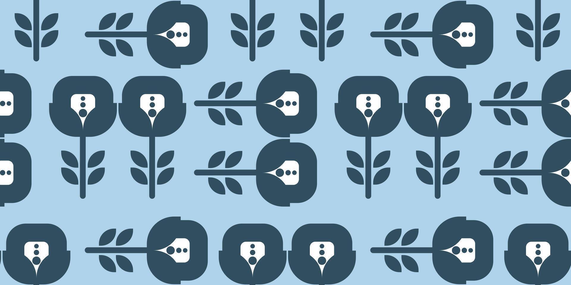 Seamless geometric silhouette flower pattern in vintage Scandinavian style on blue background vector