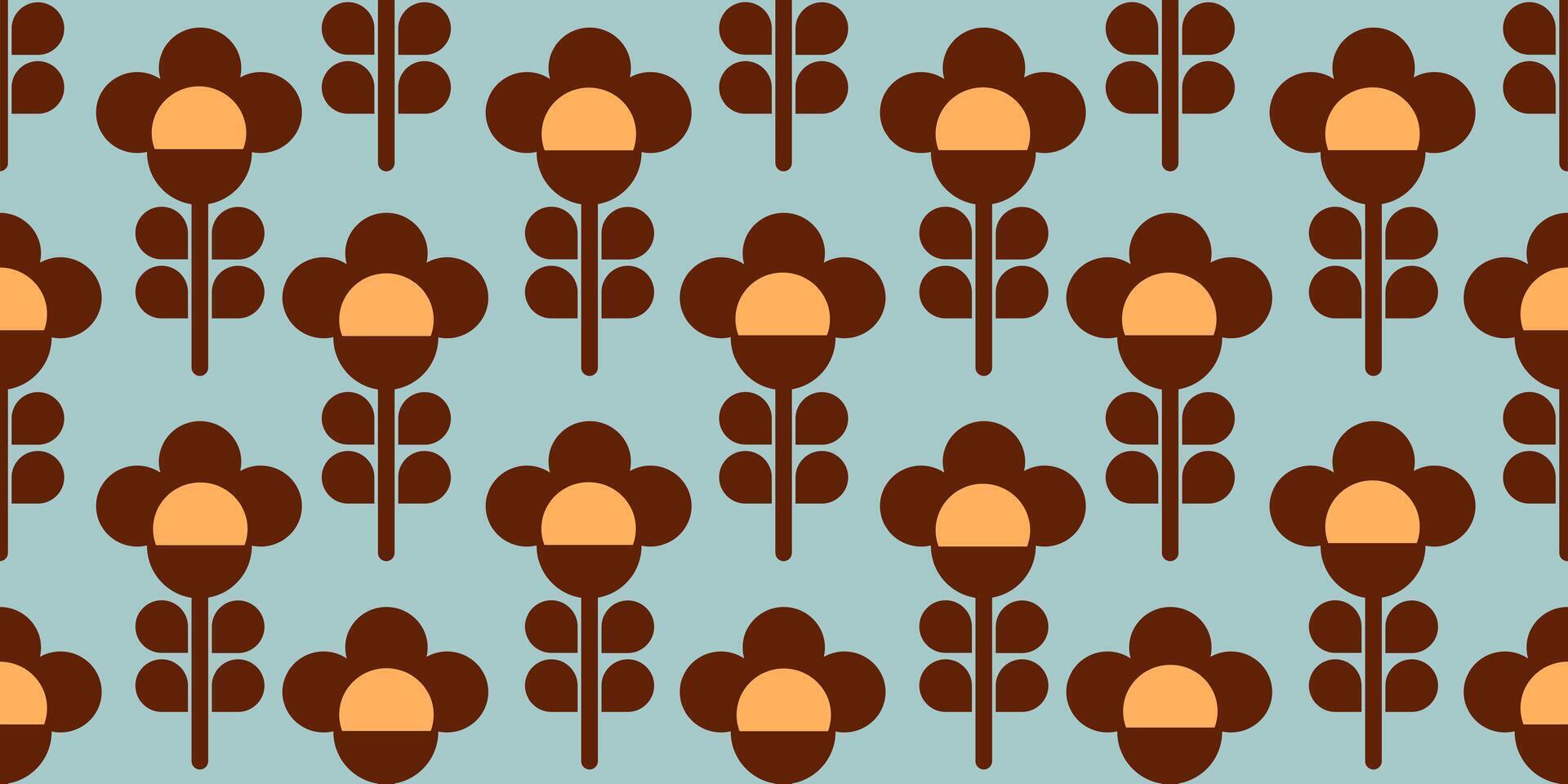 Modern retro seamless pattern of geometric flowers. Design for banner, flyer, print, poster, wallpaper, fabric. Blue, orange and brown colors vector