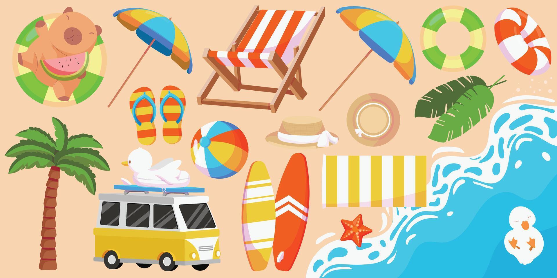 Beach items and accessories for summer. vector